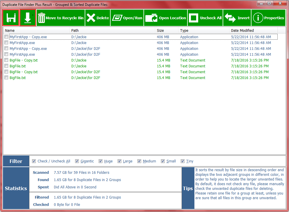 Result Interface of Our Duplicate File Software